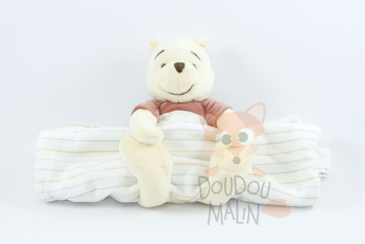  winnie lourson couverture jaune rouge blanc rayé 
